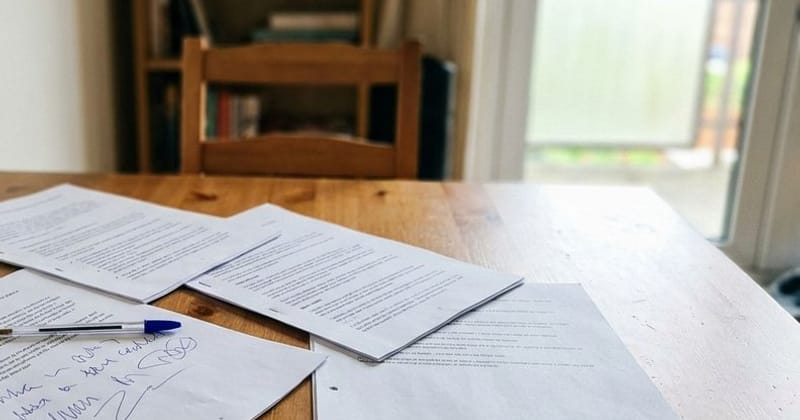 Printed proposals spread across a pale table beside a pen, lit by a window