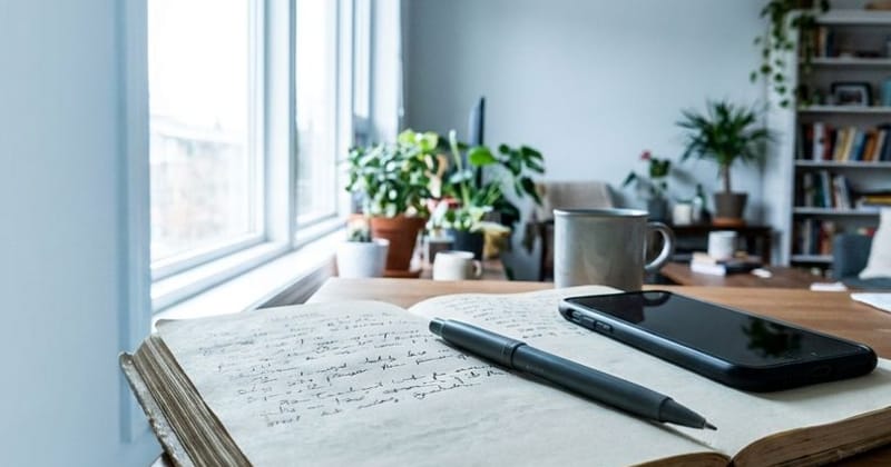 An open notebook filled with handwriting, a pen and a phone on a desk by a bright window
