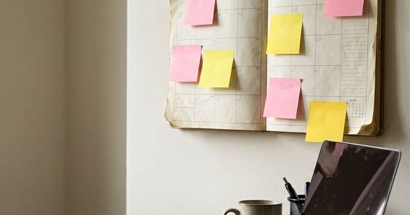 A cork noticeboard covered in pink and yellow sticky notes above a desk